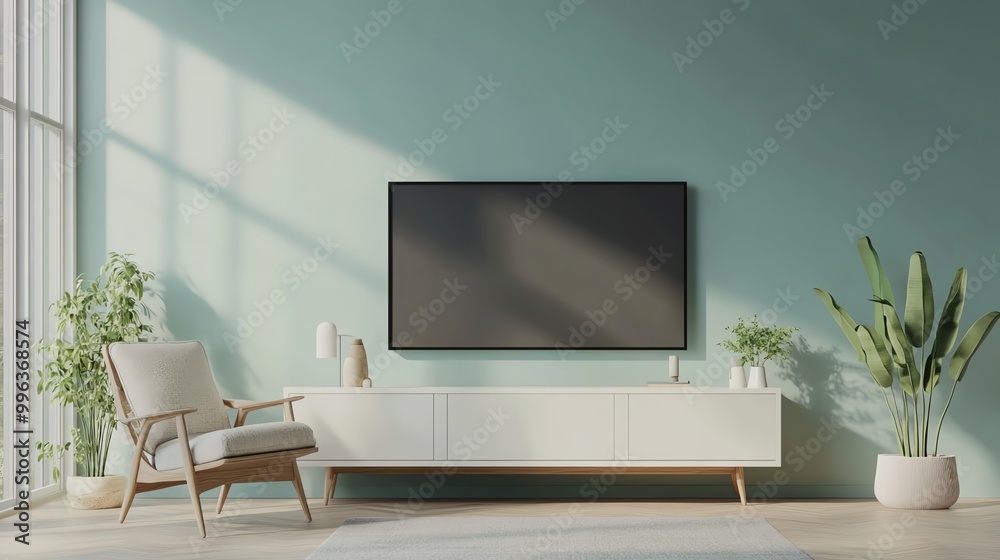 Modern living room design featuring a sleek television, elegant furniture, and a soothing color palette. Modern living room design featuring a sleek television, elegant furniture, and a soothing color palette.