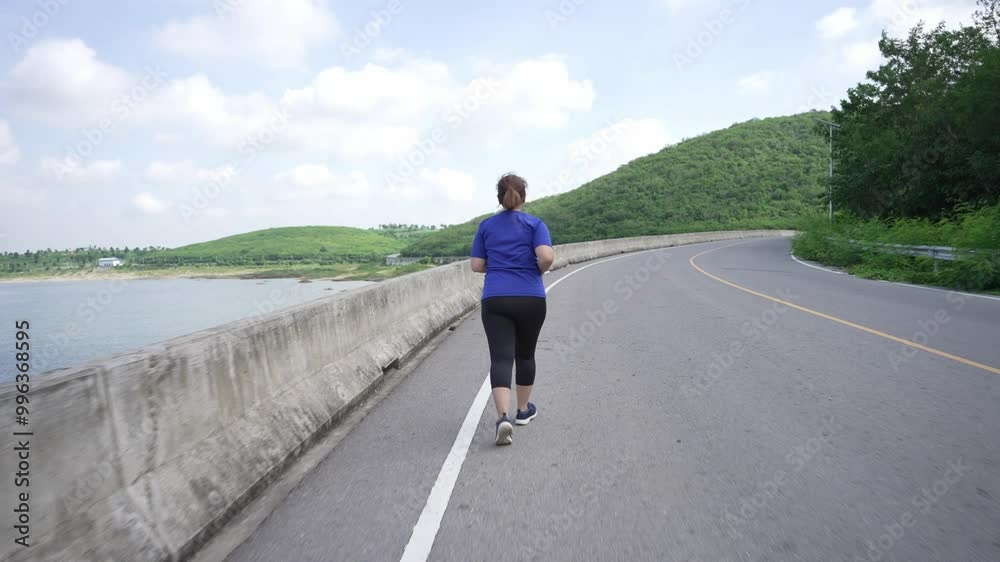A rear view of a middle-aged, overweight Asian woman jogging for exercise on a scenic road by a reservoir, aiming for better health and weight loss A rear view of a middle-aged, overweight Asian woman jogging for exercise on a scenic road by a reservoir, aiming for better health and weight loss