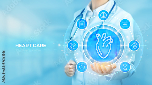 Cardiology concept. Diagnostics Treatment of heart disease, myocardial infarction. Doctor holding in hand human heart icon and medical icons network connection on virtual screen. Vector illustration.
