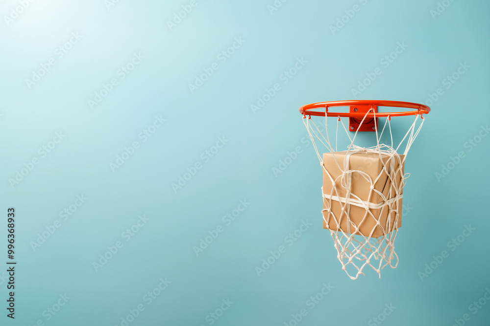 Giftbox is falling in basketball hitting net. A parcel wrapped in craft paper is falling inside the basketball hoop. Success in action, right choice, good work concept. High quality delivery service Giftbox is falling in basketball hitting net. A parcel wrapped in craft paper is falling inside the basketball hoop. Success in action, right choice, good work concept. High quality delivery service