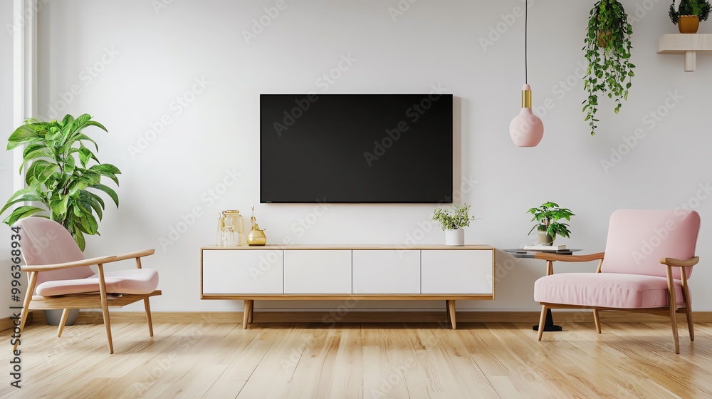 Modern living room with stylish furniture, a large TV, and vibrant plants creating a cozy and inviting atmosphere. Modern living room with stylish furniture, a large TV, and vibrant plants creating a cozy and inviting atmosphere.
