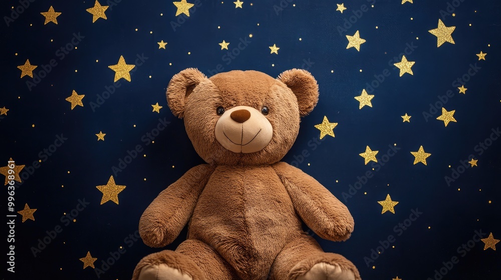 Brown bear plush toy set against a dark blue backdrop adorned with golden stars Brown bear plush toy set against a dark blue backdrop adorned with golden stars