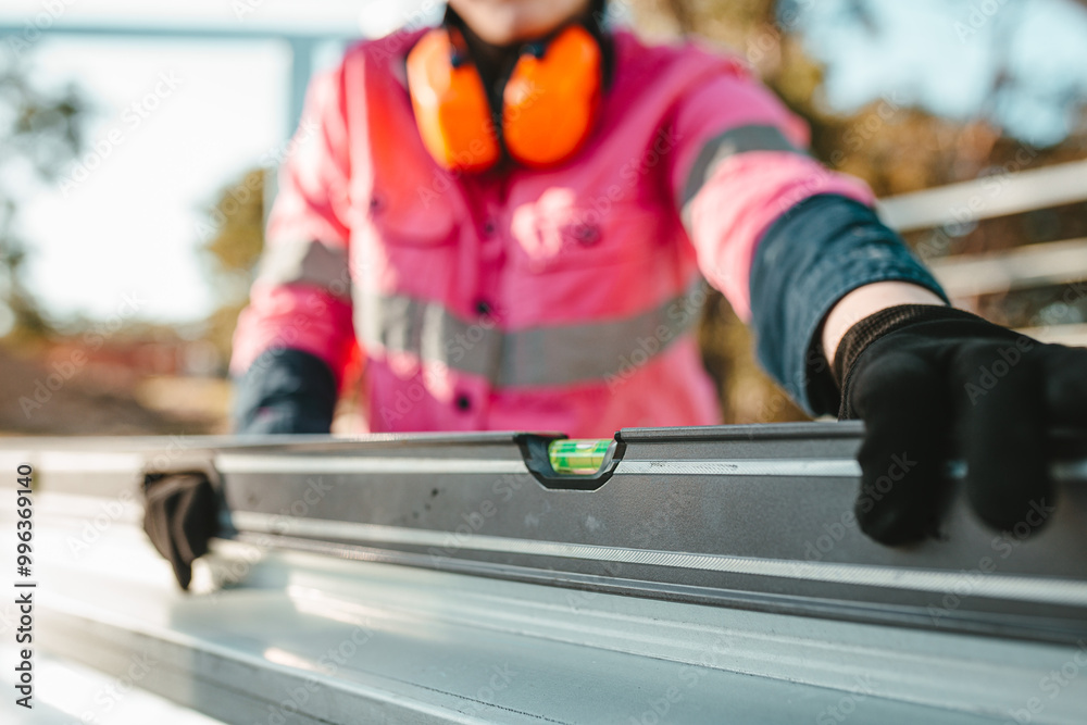 Young female construction worker using her level tool.