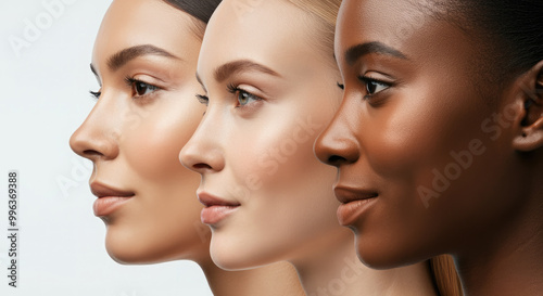 Closeup profile of three diversity women with different skin tones.