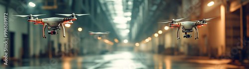 Flying drones in warehouse, vision of coercivity, improvements in warehouse management photo