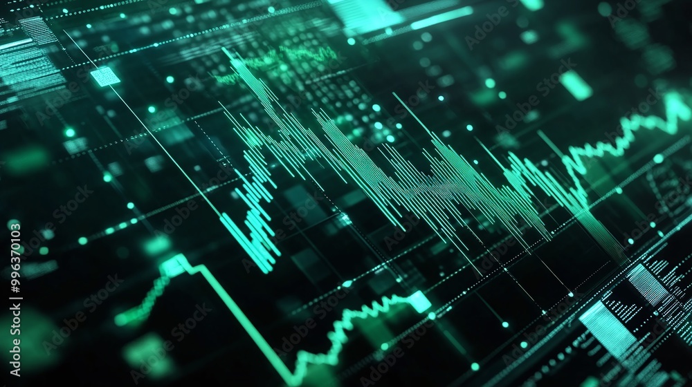 Abstract digital wave data visualization with vibrant green lines and points on a dark background. Abstract digital wave data visualization with vibrant green lines and points on a dark background.