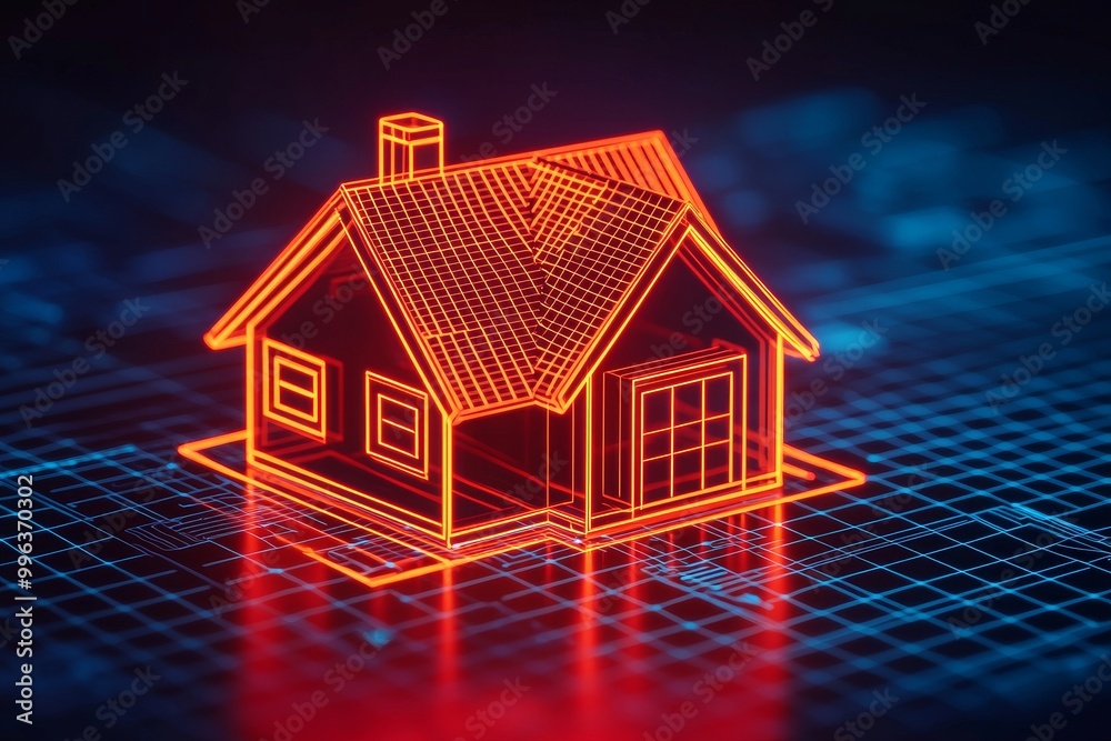 3D holographic house design on a digital grid background. 3D holographic house design on a digital grid background.