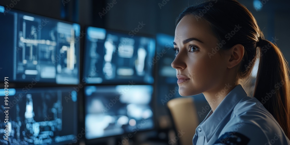 Focused Woman Monitoring Data on Multiple Screens Focused Woman Monitoring Data on Multiple Screens