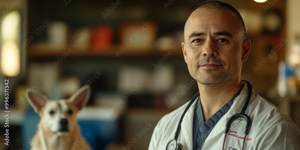 Veterinarian concludes consultation in warm light, friendly atmosphere, blurred reception area in background, comforting pet owner experience