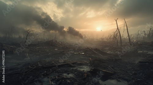 War torn landscape showcasing the desolate aftermath of a battlefield characterized by extensive destruction and remnants of conflict photo