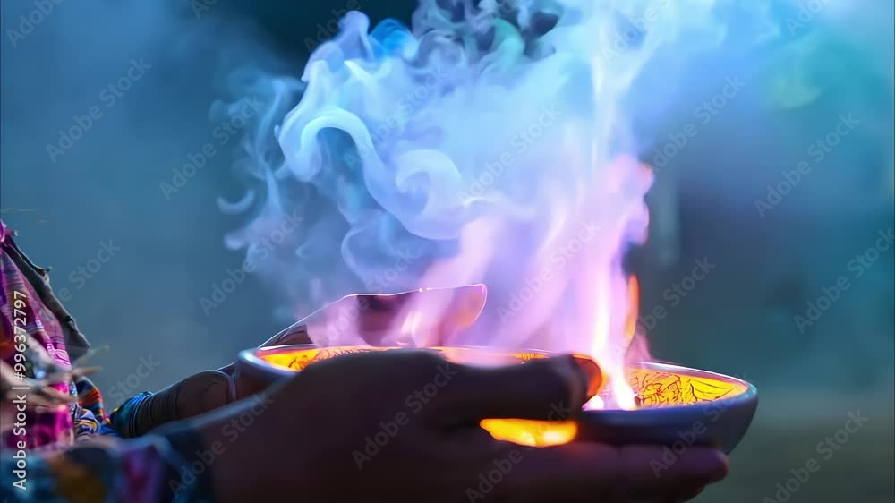 An individual holds a bowl emitting colorful smoke, creating a mystical atmosphere with a focus on light and shadow.