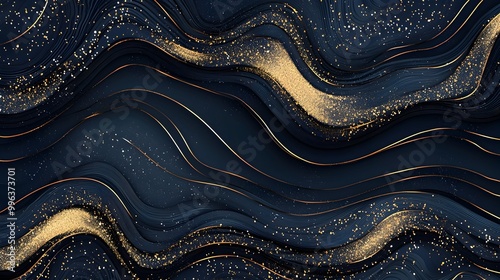 Luxurious Abstract Gold Foil Pattern Over Navy Blue Elegant Background with Glitter Details