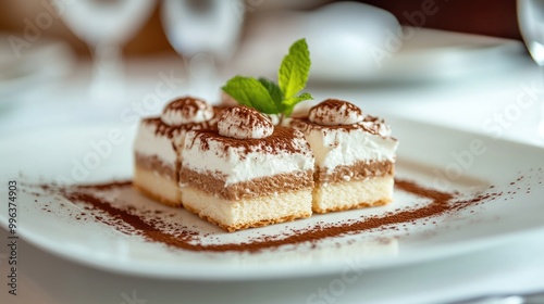 A delightful traditional dessert featuring ladyfinger biscuits espresso and mascarpone cream garnished with fresh mint leaves on a white plate