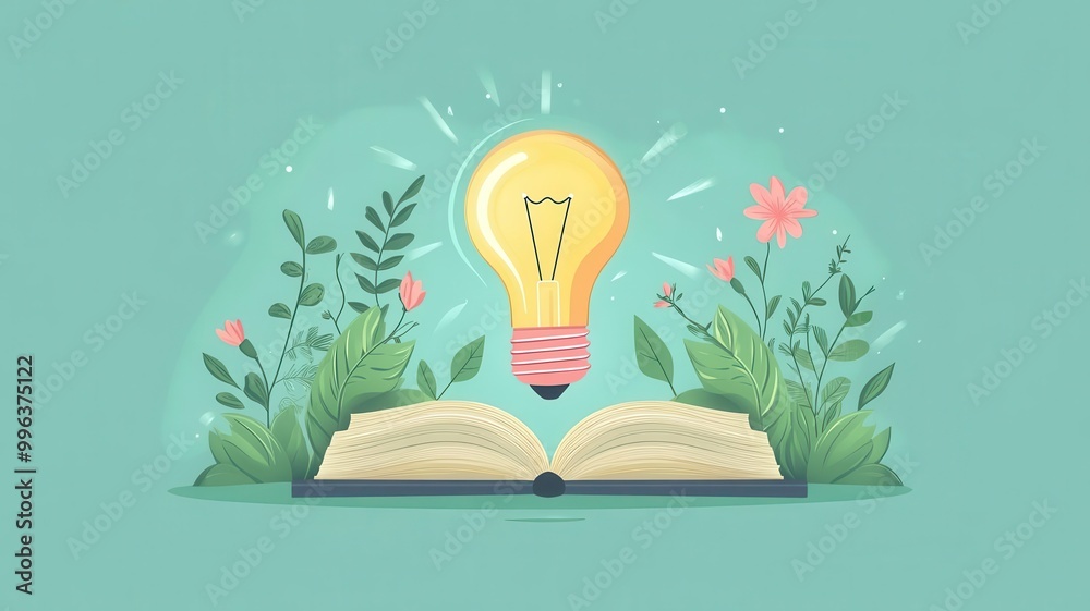Light bulb with a book, knowledge and ideas fueling growth, flat design illustration Light bulb with a book, knowledge and ideas fueling growth, flat design illustration