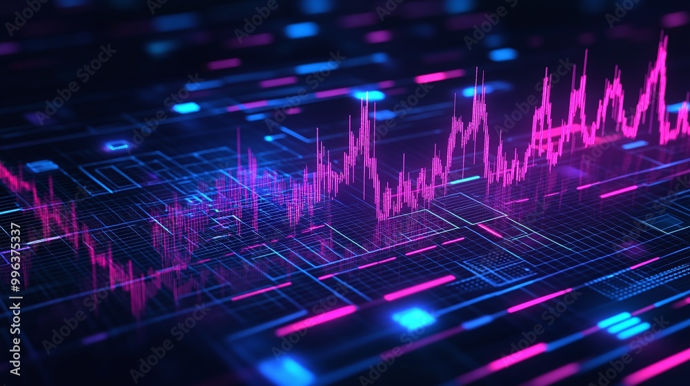 Abstract digital waveform with vibrant pink and blue colors on a dark background, representing data and technology.