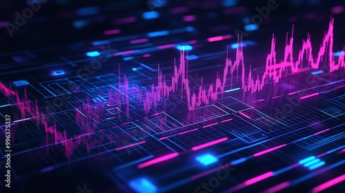 Obraz na płótnie Abstract digital waveform with vibrant pink and blue colors on a dark background, representing data and technology. w salonie