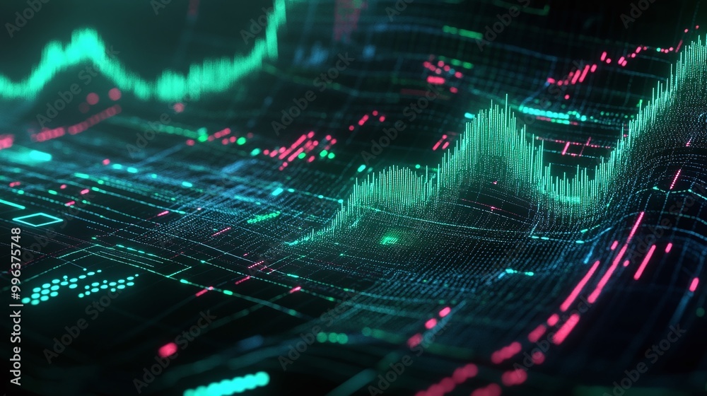 Abstract digital waveforms on a dark background, showcasing modern data visualization with neon colors. Abstract digital waveforms on a dark background, showcasing modern data visualization with neon colors.