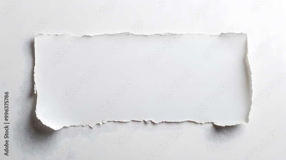 A white piece of paper with a ripped edge, creating a frame shape on a white background.