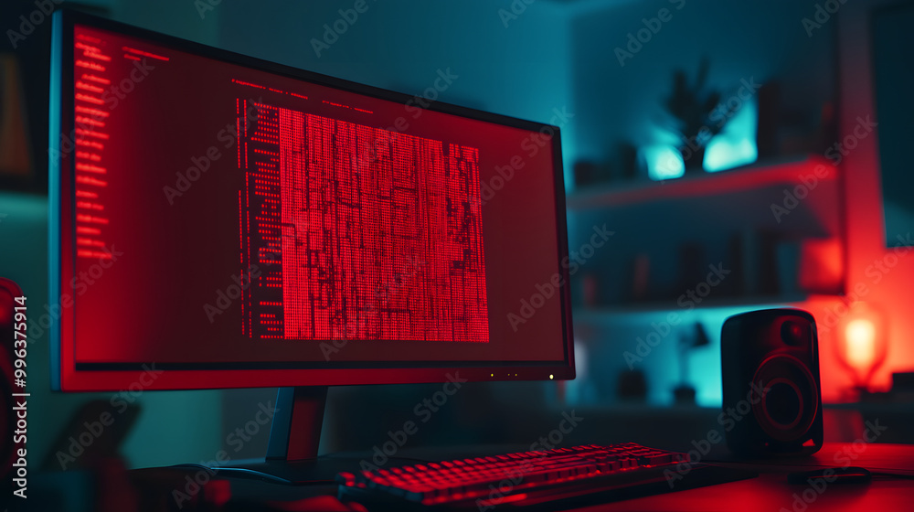 Computer screen showing red ransomware warning message in home office setting, highlighting cybersecurity threats and digital safety concerns Computer screen showing red ransomware warning message in home office setting, highlighting cybersecurity threats and digital safety concerns
