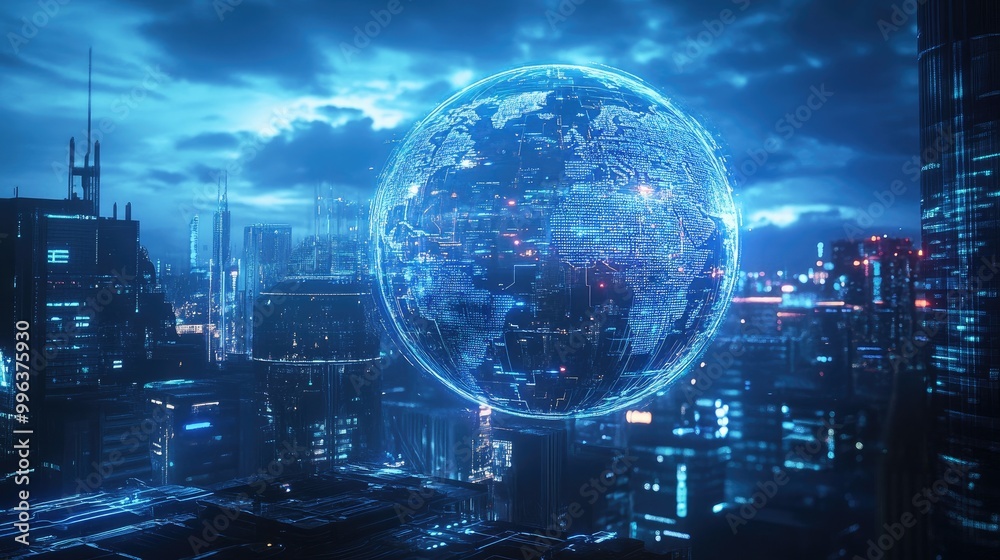 Fototapeta premium AI-generated holographic globe hovering above a futuristic city, representing global AI connectivity and advanced data networks.