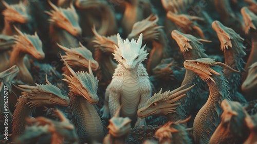 Distinctive white dragon amidst colored dragons