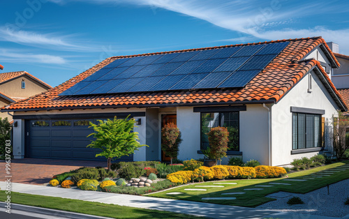 Solar panels on an home's roof showcasing sustainable energy solutions against a clear blue sky