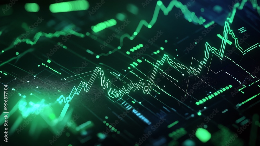 Abstract financial chart with glowing green lines on dark background, representing stock market trends. Abstract financial chart with glowing green lines on dark background, representing stock market trends.