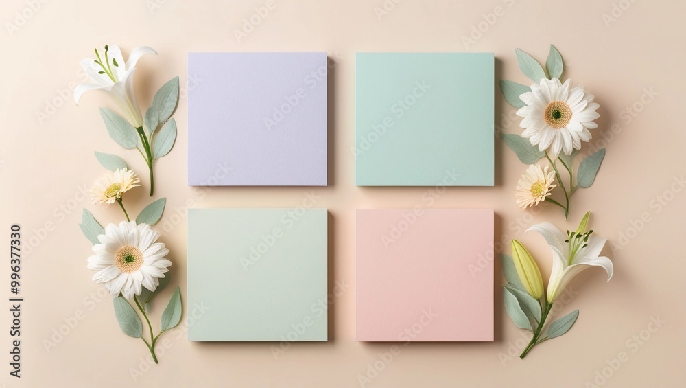 Naklejka premium Four Pastel-Colored Cards Arranged with White Flowers on Beige Background 