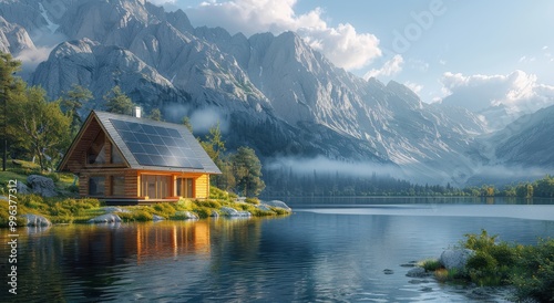 Small wooden house with solar panels by a serene lake surrounded by mountains in a lush green environment