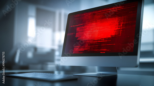 Computer screen showing red ransomware warning message in home office setting, highlighting cybersecurity threats and digital safety concerns