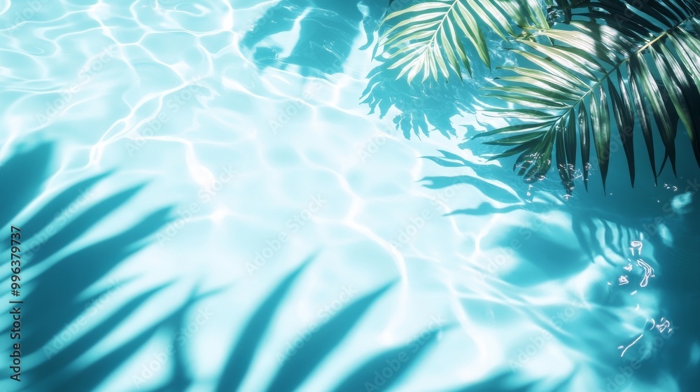 A tropical setting with aqua waves and lush leaf shadows softly playing on a bright blue pool texture A tropical setting with aqua waves and lush leaf shadows softly playing on a bright blue pool texture