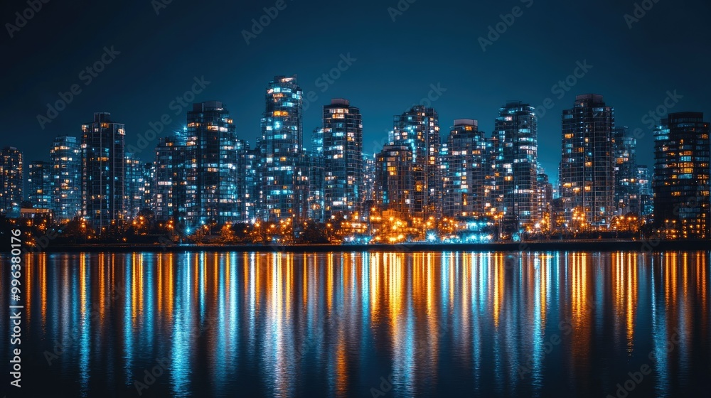 Naklejka premium A breathtaking night view of downtown skyscrapers illuminated against a deep blue sky, with sparkling city lights reflecting in the river below.