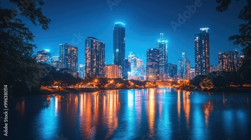 A breathtaking night view of downtown skyscrapers illuminated against a deep blue sky, with sparkling city lights reflecting in the river below.