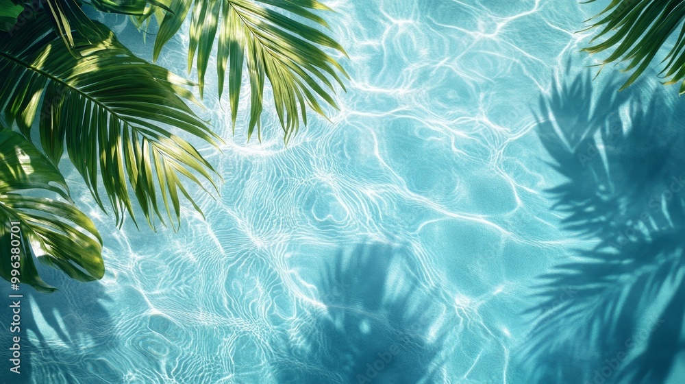 A tropical setting with aqua waves and lush leaf shadows softly playing on a bright blue pool texture A tropical setting with aqua waves and lush leaf shadows softly playing on a bright blue pool texture