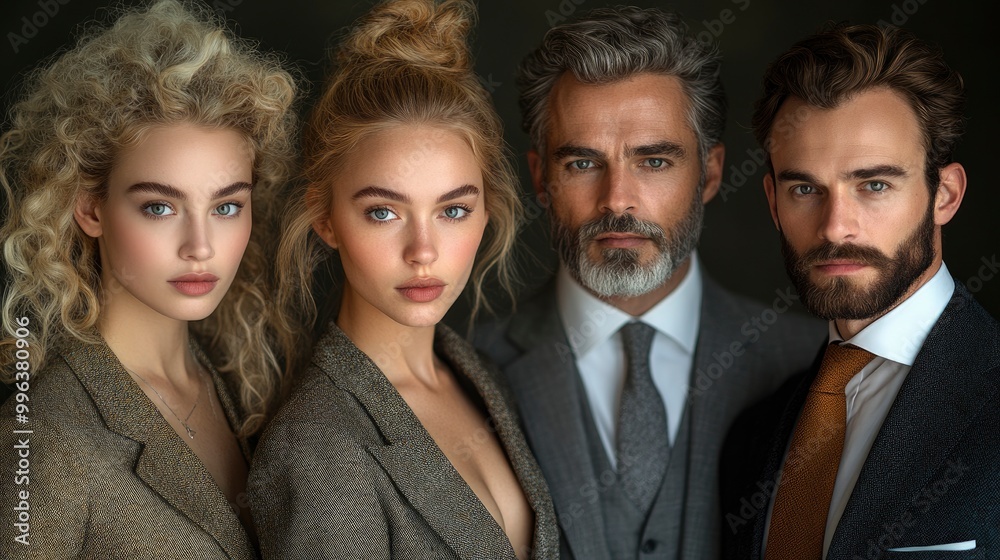 Elegant Group Portrait of Four People in Formal Attire Elegant Group Portrait of Four People in Formal Attire