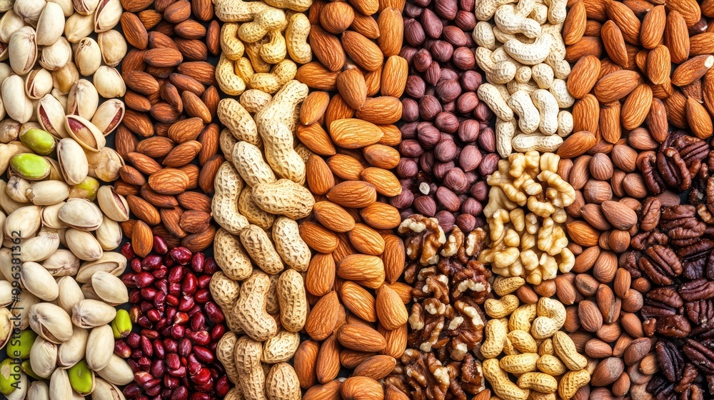 Diverse assortment of nuts displayed in a wide banner format featuring a vibrant and natural healthy food theme Diverse assortment of nuts displayed in a wide banner format featuring a vibrant and natural healthy food theme