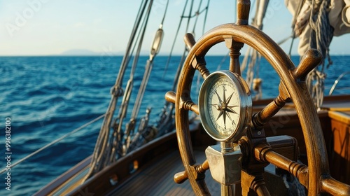 A close-up of a classic sailboat's wooden wheel and compass, set against a backdrop of endless blue water.