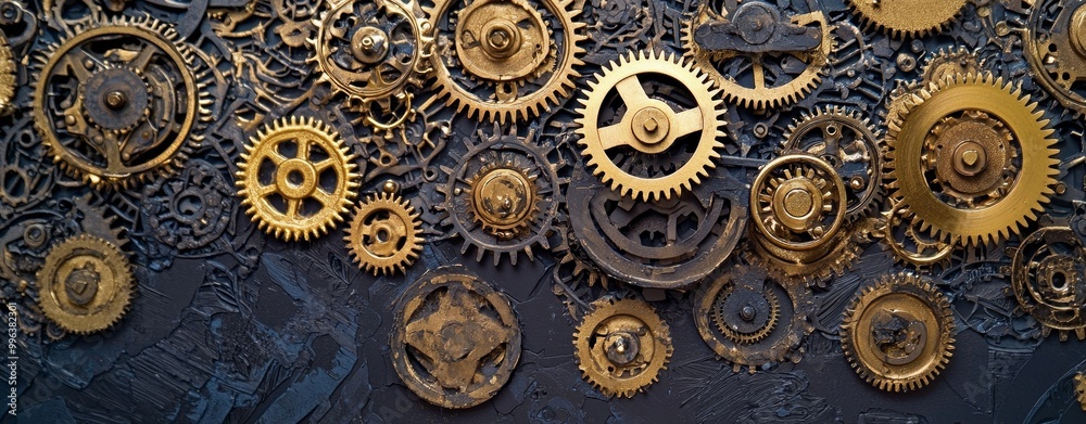 Innovative abstract background featuring interlocking gears and cogs, illustrating the complexity of technological innovation Innovative abstract background featuring interlocking gears and cogs, illustrating the complexity of technological innovation