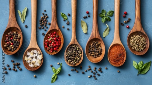 Wooden spoons arranged with various spices on a blue backdrop photo