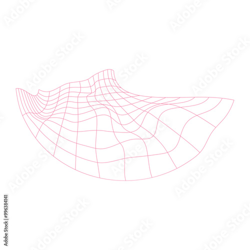 Distorted grid surface màu hồng. Mesh warp texture. Futuristic net with convex effect. Geometric deformation. Gravity phenomenon. Vector graphic illustration
