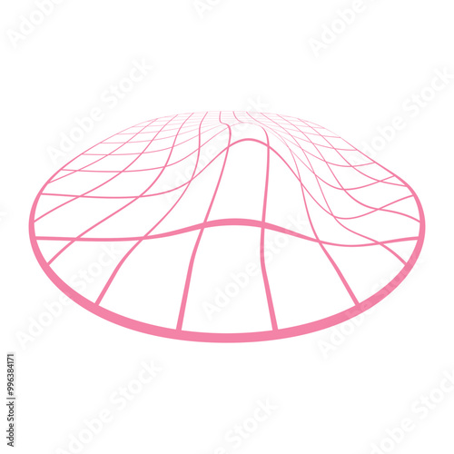 Distorted grid surface màu hồng. Mesh warp texture. Futuristic net with convex effect. Geometric deformation. Gravity phenomenon. Vector graphic illustration
