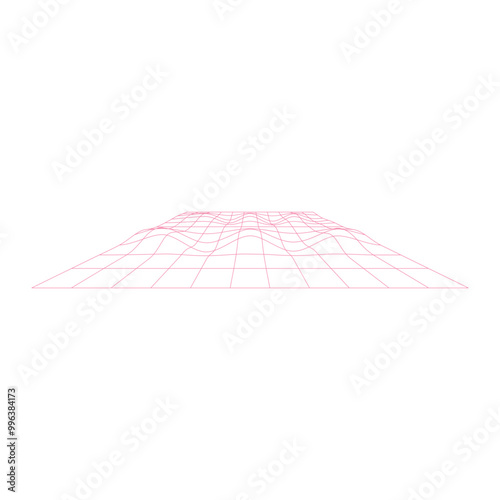 Distorted grid surface màu hồng. Mesh warp texture. Futuristic net with convex effect. Geometric deformation. Gravity phenomenon. Vector graphic illustration
