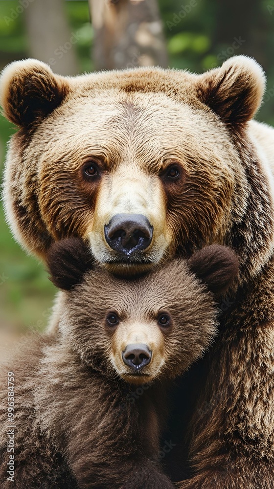 Obraz premium Tender Moment Between Brown Bear and Cub in Natural Habitat.