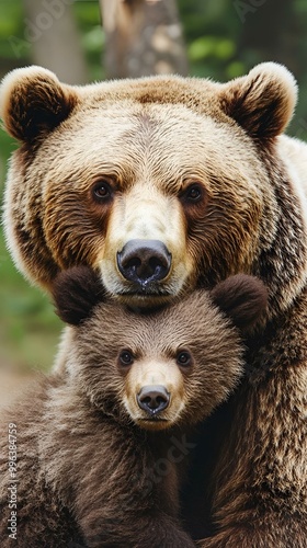 Tender Moment Between Brown Bear and Cub in Natural Habitat.