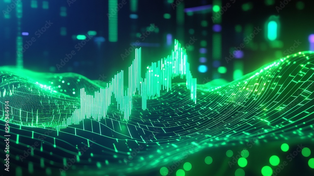 Abstract green digital wave with data visualizations over a dark background. Abstract green digital wave with data visualizations over a dark background.