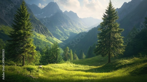 Fototapeta Naklejka Na Ścianę i Meble -  Scenic summer alpine landscape featuring lush grass and two pine trees on the left with a backdrop of forested mountains