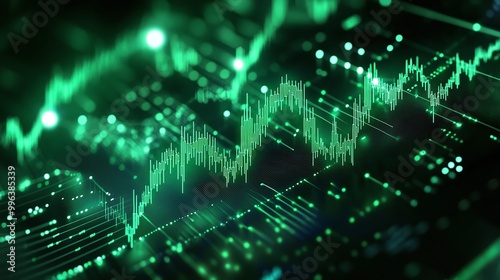 Abstract green financial graph with data points and lines depicting market analysis and trends.