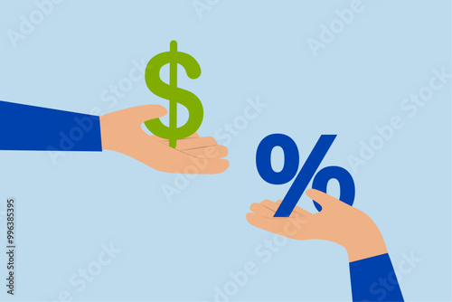 Investment profit earnings, Businessman hand holds out a percentage sign while the other hand offers dollar bills.