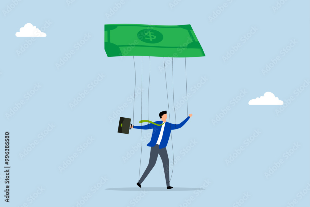 Being controlled by money, weak servant businessman marionette manipulated by wealth. Being controlled by money, weak servant businessman marionette manipulated by wealth.