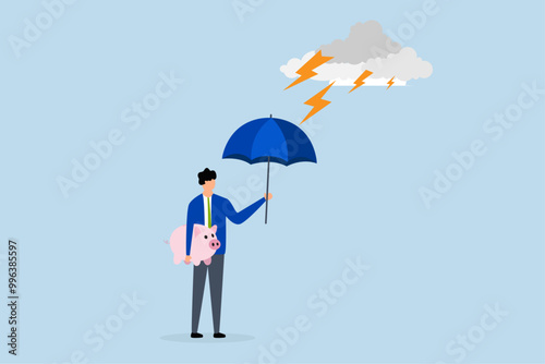 Wealth protection, Businessman clutching sturdy umbrella to shield piggy bank.